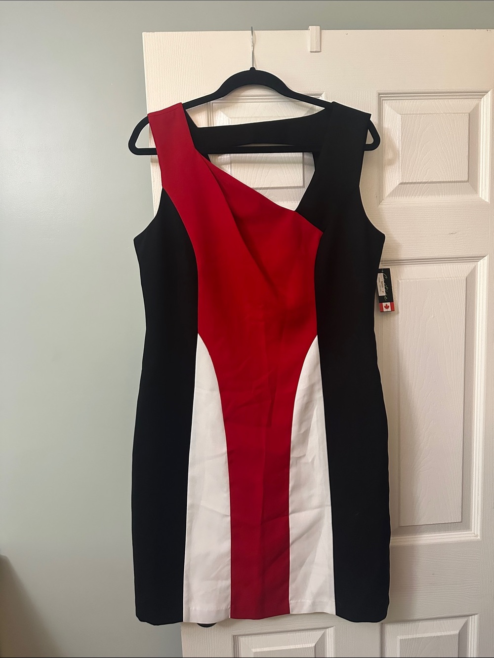 Asymmetric Colorblock Sheath Dress in Black, Red & White